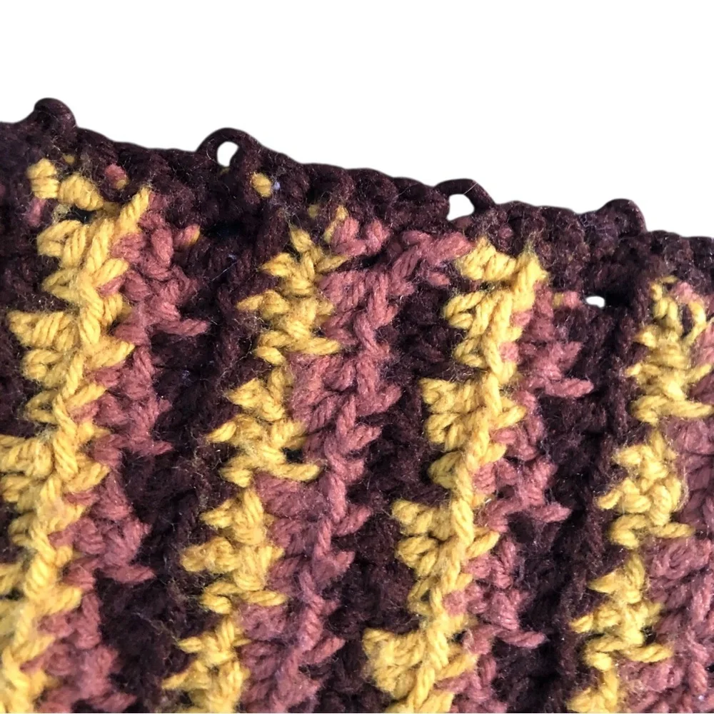 VINTAGE 70s Handmade Crochet Striped Fall Colors Knit Blanket Mustard Tan Brown